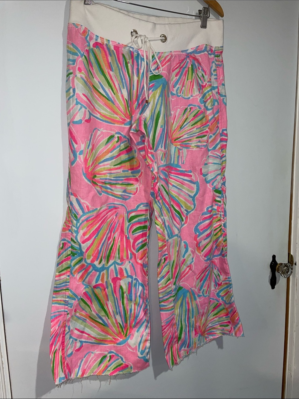 Lilly Pulitzer Linen Pink Multi Shell-Print Wide Leg Pants